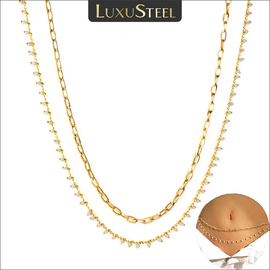 LUXUSTEEL Bohemian White Beads Belly Chains for Women Waist Stainless Steel Gold Plated Double Thin Chain Y2K Body Jewelry